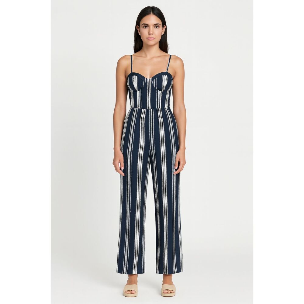 BOG Collective Striped Wide Leg Jumpsuit Blue White Smocked Coastal Cowgirl S